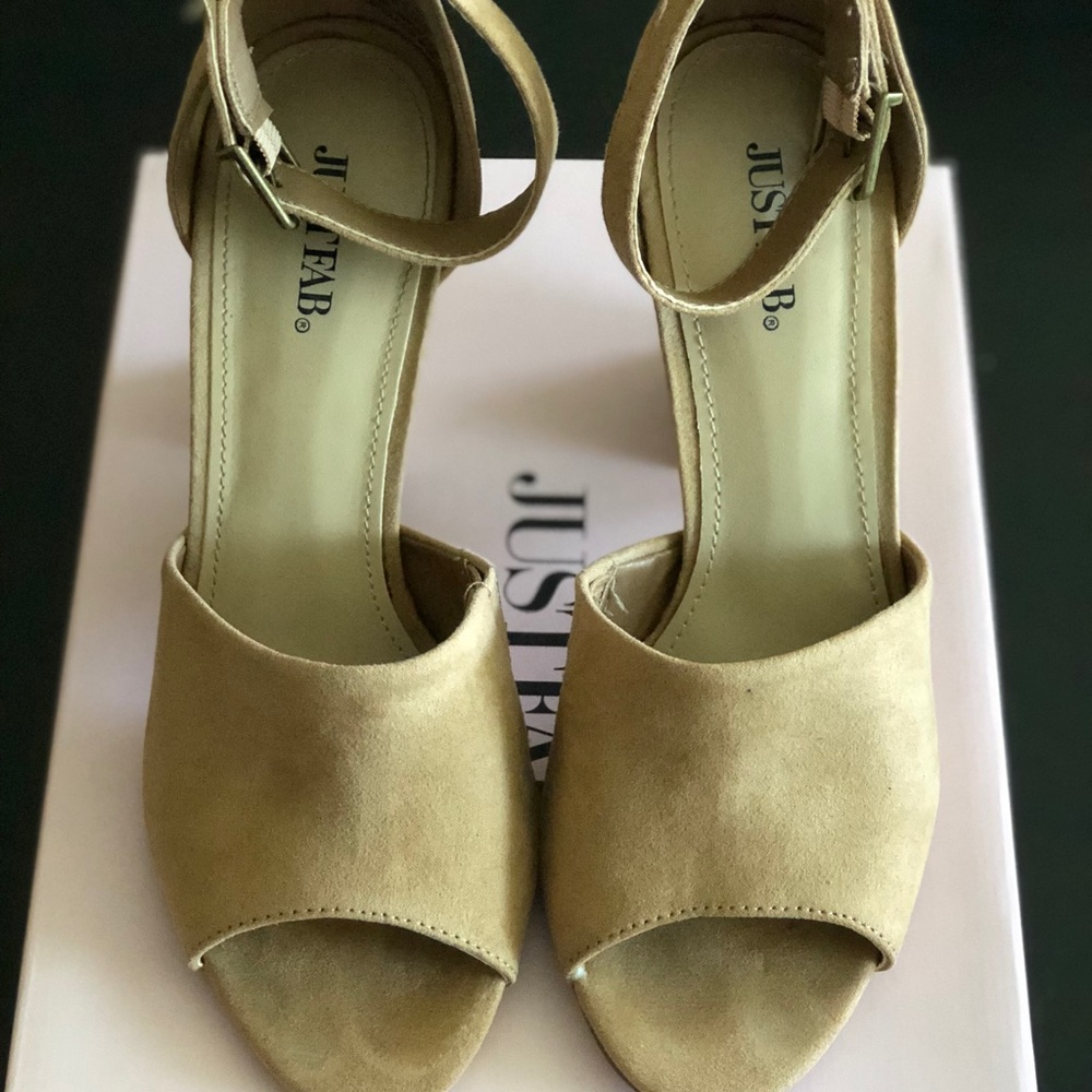 Tan Just Fab open toe heels.